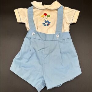 Vintage‎ Baby Overalls Top Set Embroidered Bear Balloons Blue Cream Infant